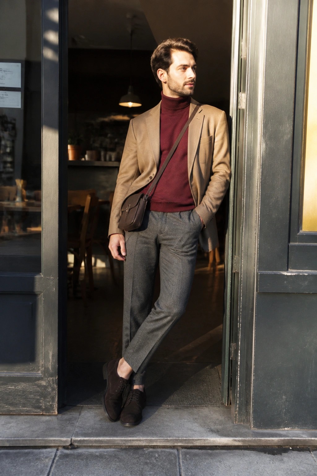 Man in tan blazer and maroon turtleneck with crossbody bag in doorway
