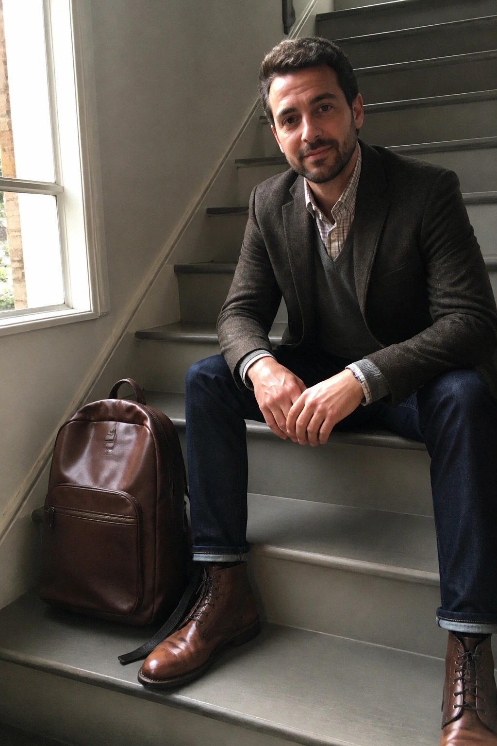 Man in blazer and boots seated on stairs beside brown leather backpack.