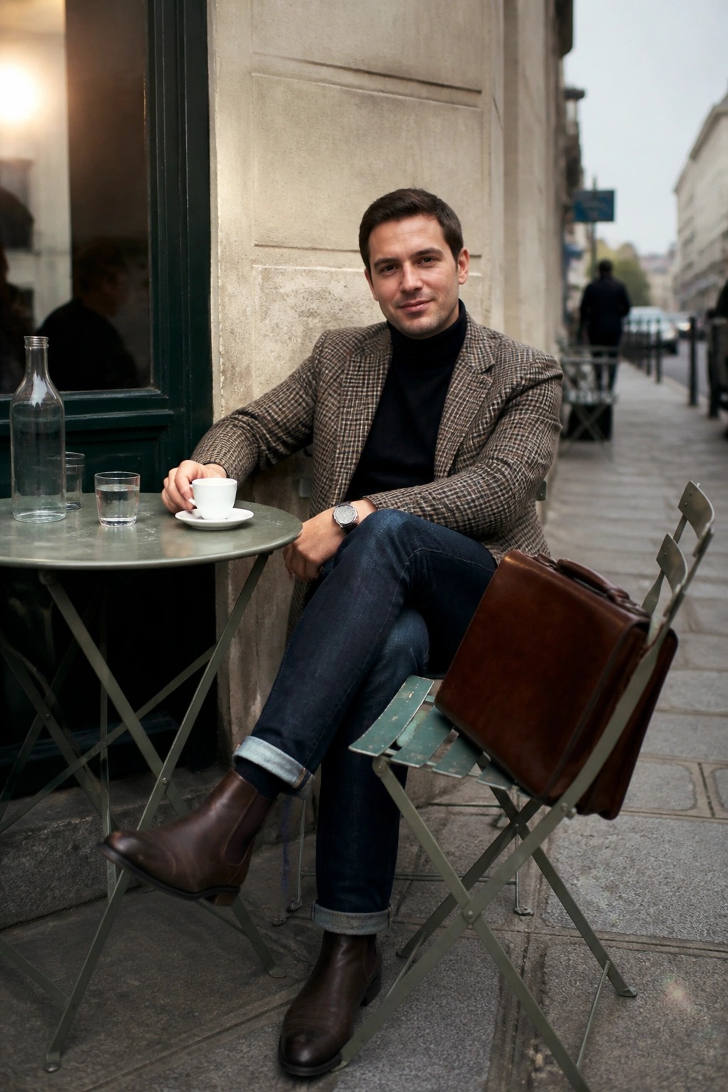 Man in plaid blazer and jeans at café table with coffee and briefcase