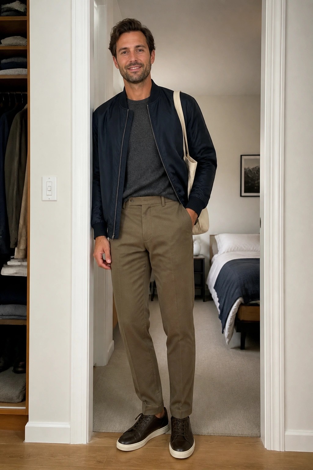 Man in navy bomber jacket and khaki pants stands in doorway with tote bag