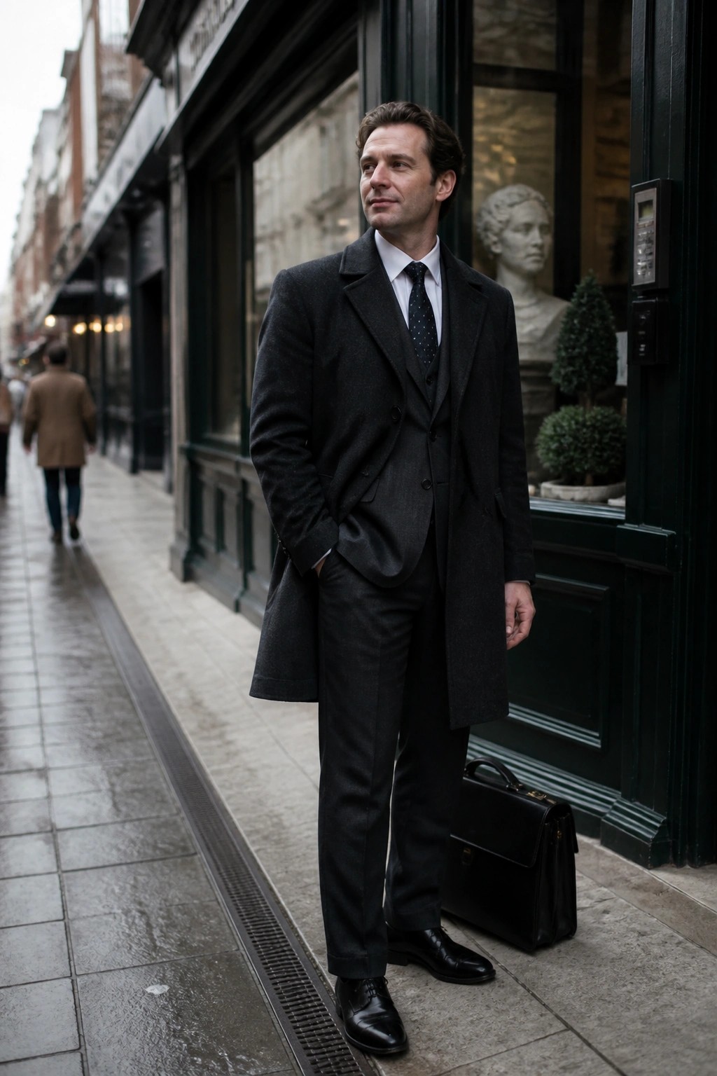 Man in dark gray overcoat and three-piece suit on sidewalk with black briefcase