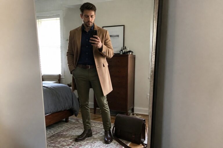 21 Polished Fall Work Outfits for Men Featuring Versatile Office-Ready Layers Man in brown overcoat, navy shirt, and olive pants taking mirror selfie in bedroom
