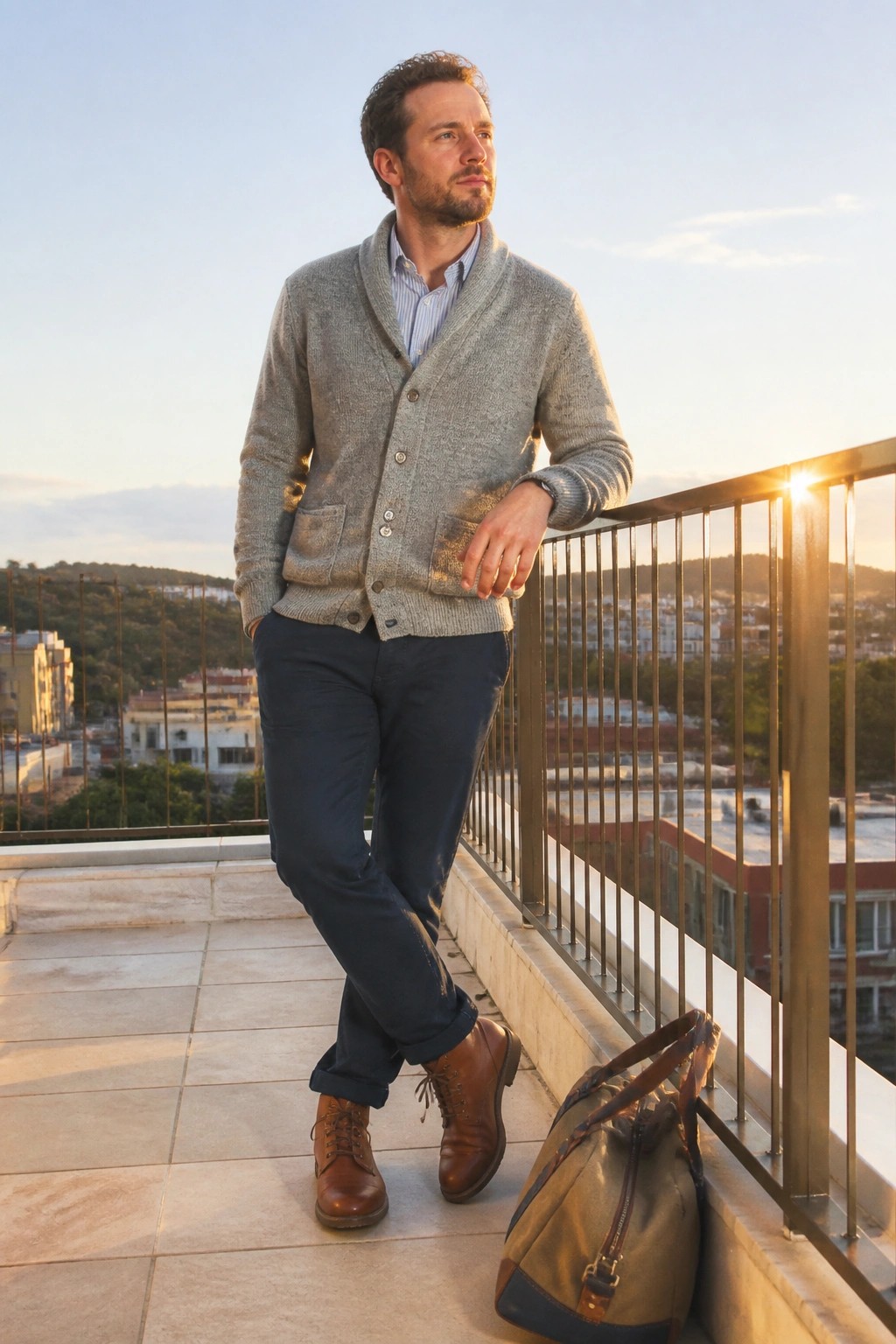 Man in gray cardigan and blue pants leans on balcony with duffel bag at sunset.