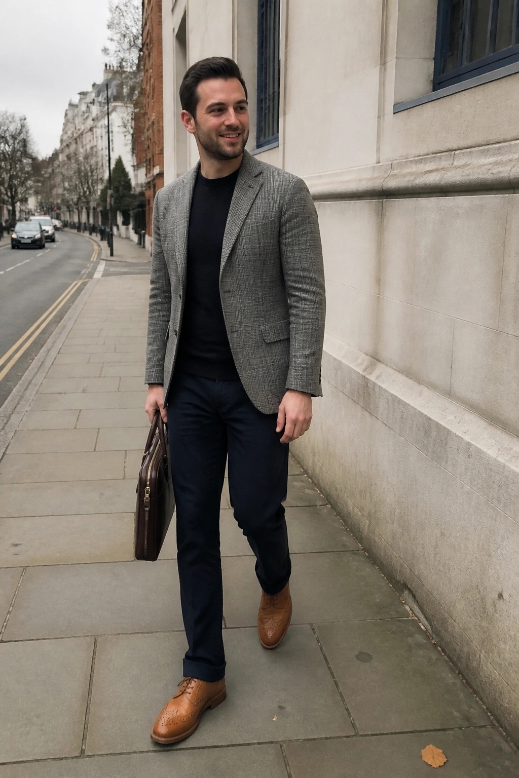 Man in gray checkered blazer, navy pants, and brown brogues holds briefcase on sidewalk
