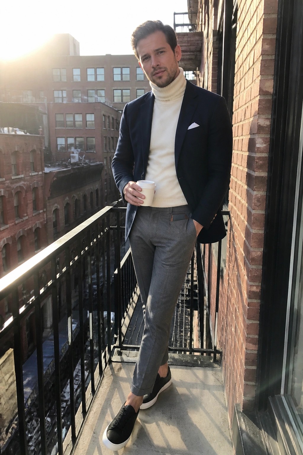 Man in navy blazer and cream turtleneck holding coffee on sunny urban balcony