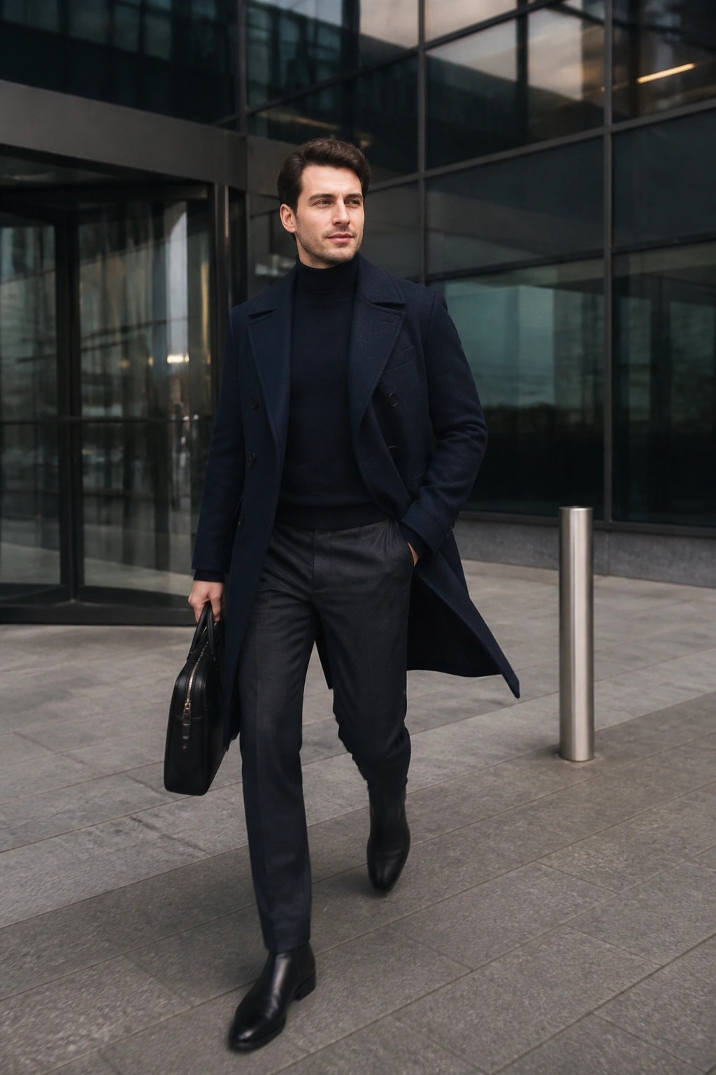 Man in navy overcoat and black turtleneck carrying briefcase outside glass building
