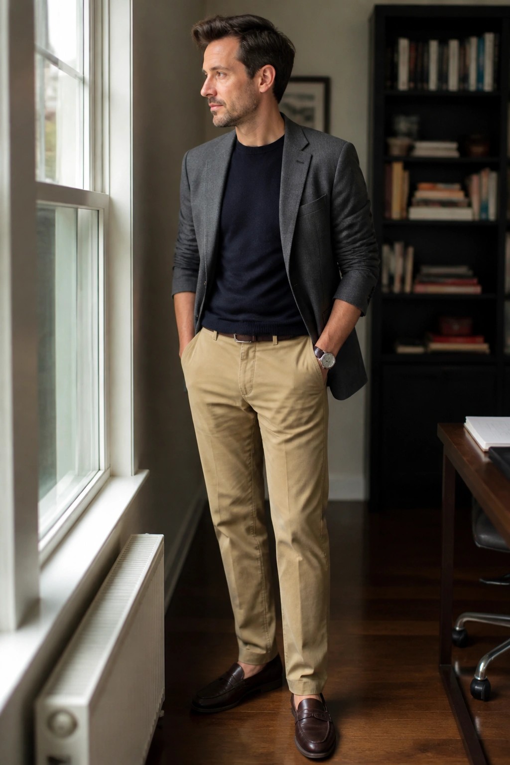 Man in gray blazer, navy sweater, and khaki pants stands by window in study