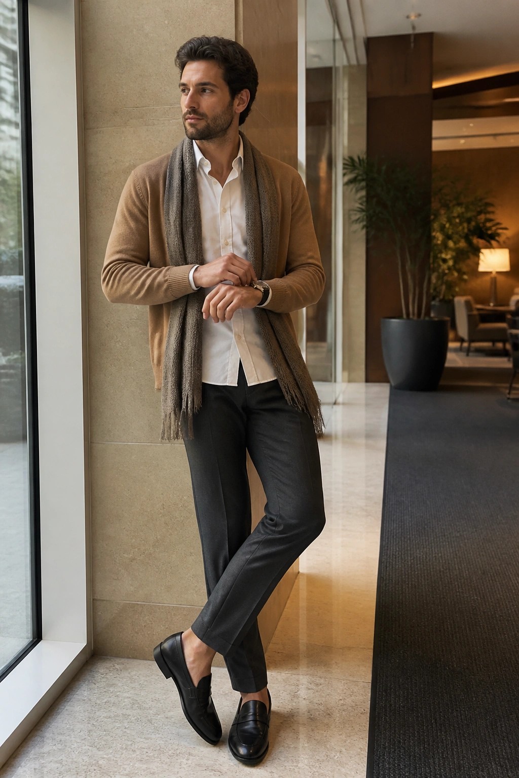 Man in brown cardigan and fringed scarf over white shirt in modern lobby