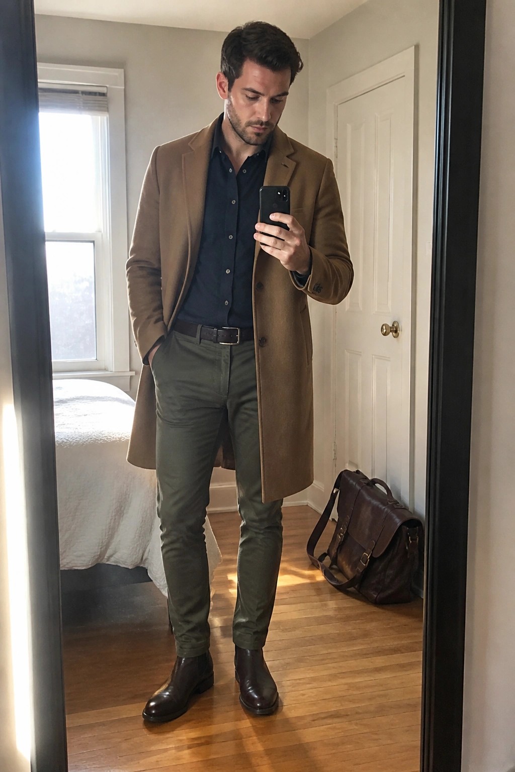 Man in brown overcoat, navy shirt, and olive pants taking mirror selfie in bedroom