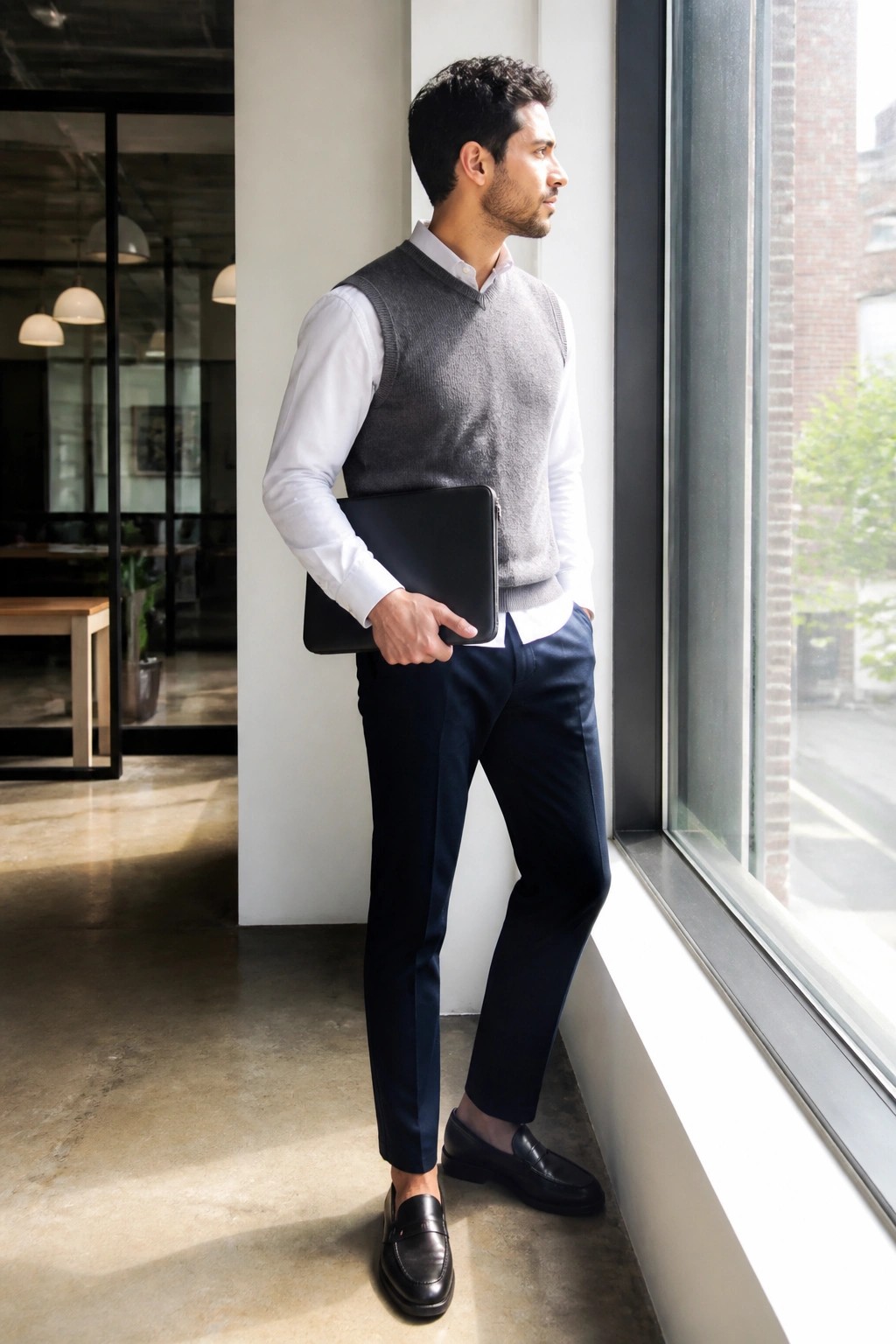 Man in gray sweater vest and navy pants holding laptop by office window