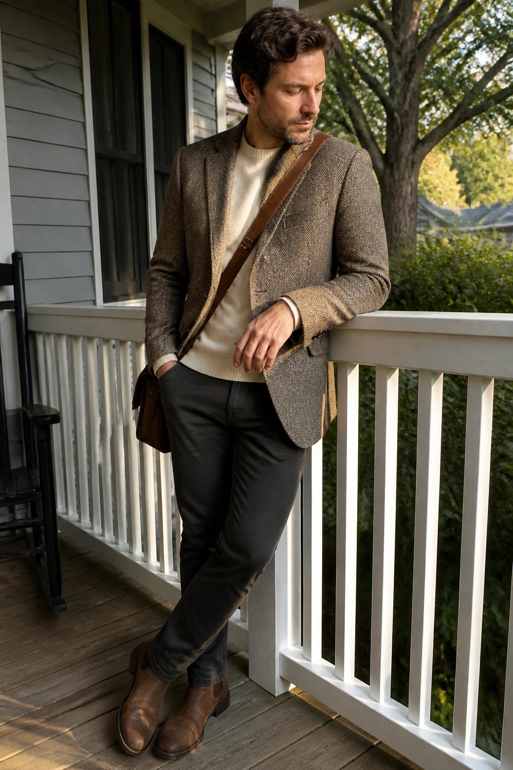 Man in brown tweed blazer and cream sweater on porch with leather bag.