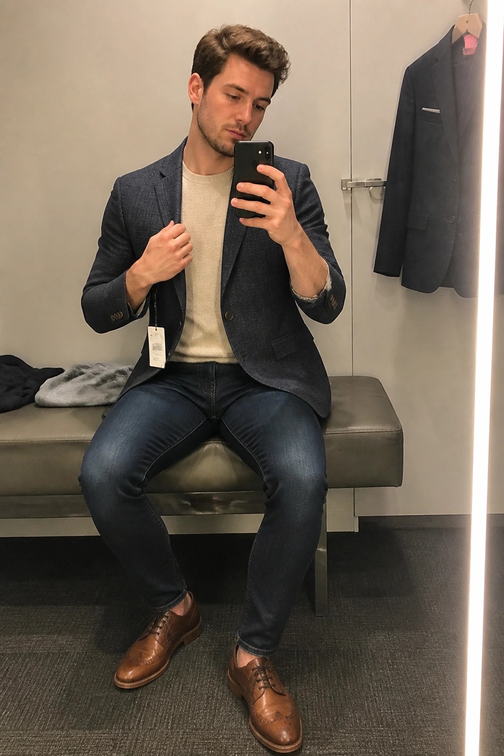 Man in navy blazer taking mirror selfie while seated on fitting room bench
