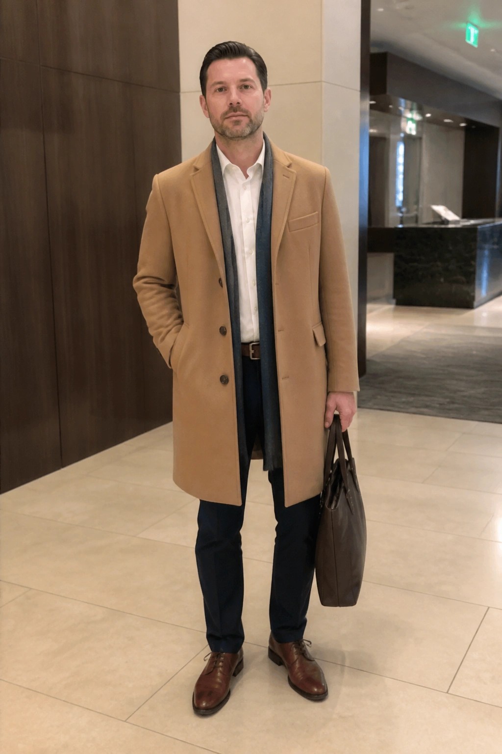 Man in tan overcoat with blue scarf holds leather bag in modern lobby.