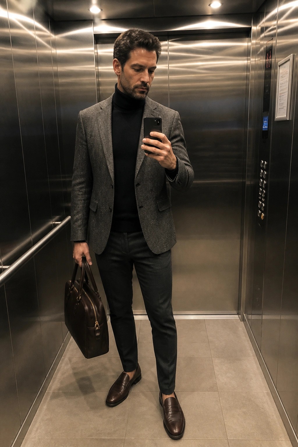 Man in gray blazer over black turtleneck holding phone and briefcase in elevator