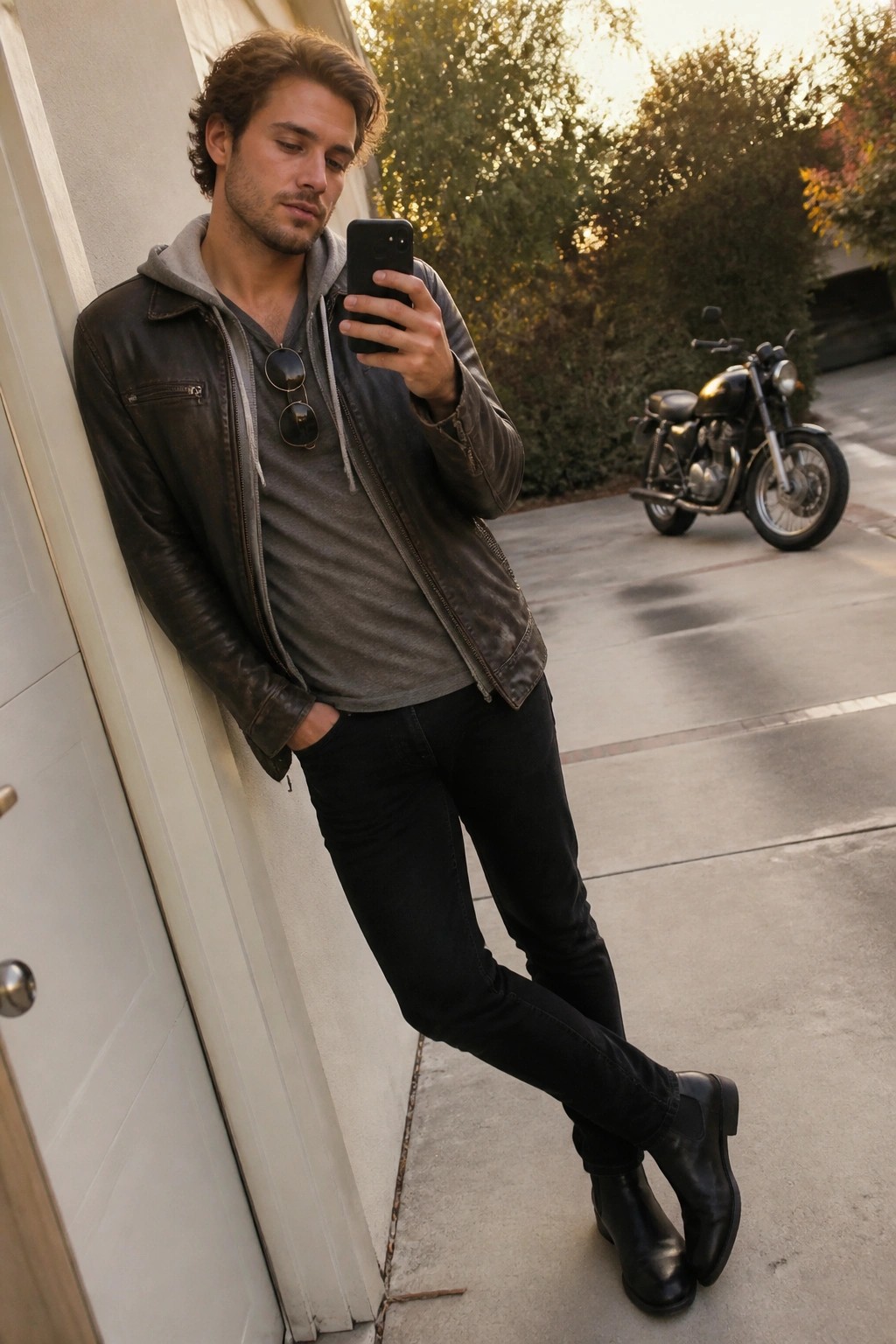 Stylish man in dark leather jacket and black jeans checks smartphone near motorcycle.