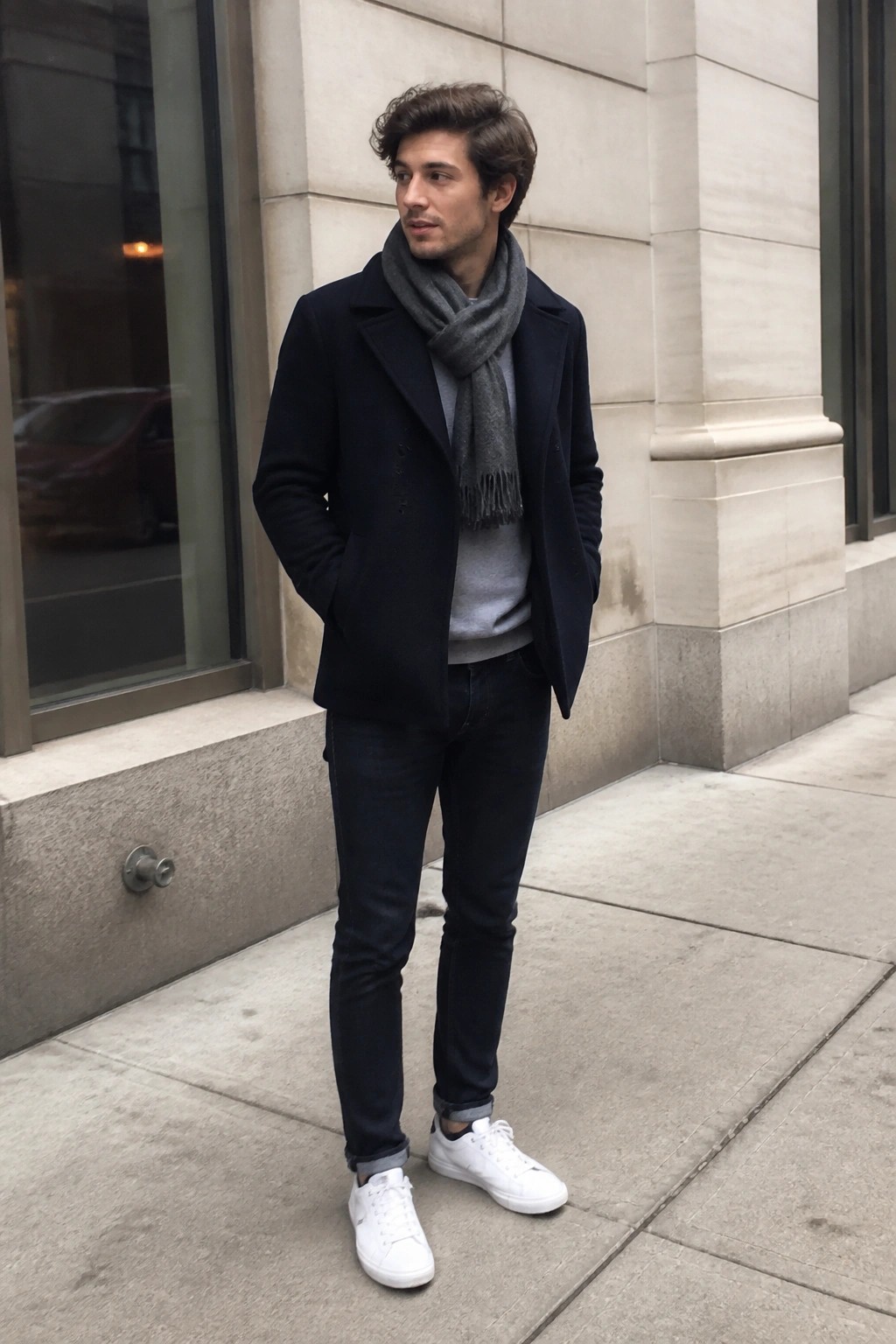 Man in navy coat, gray scarf, jeans, and white sneakers on city sidewalk
