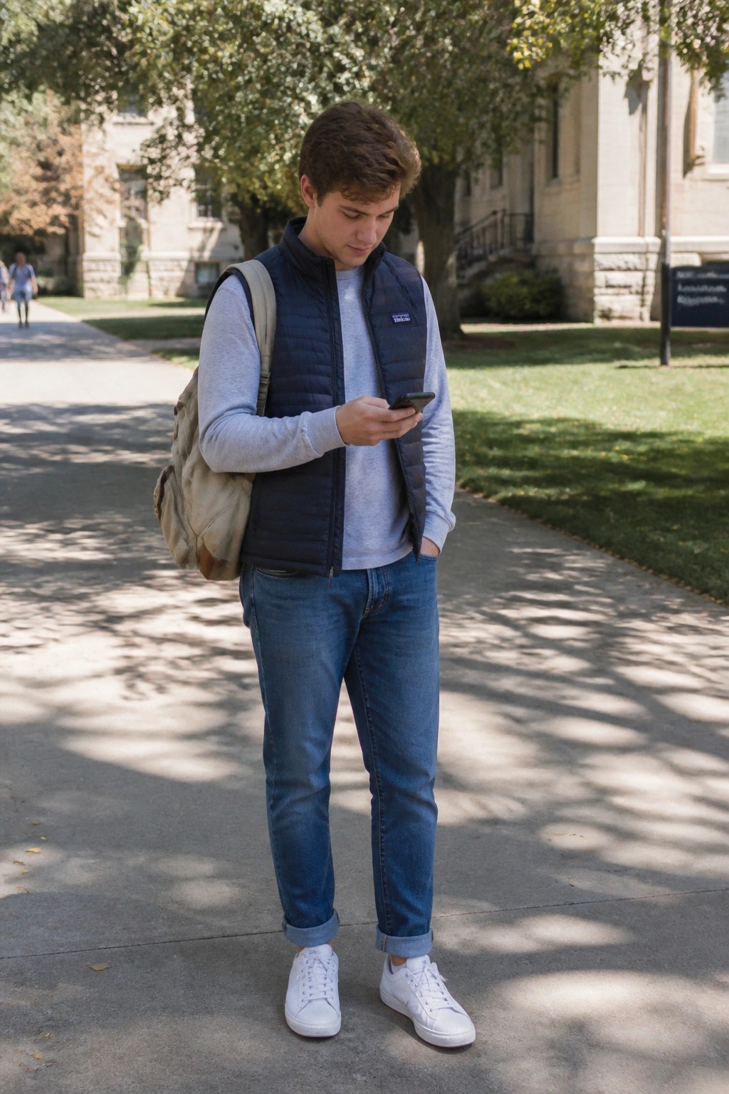 Young man in navy vest checks phone on sunny campus path with backpack