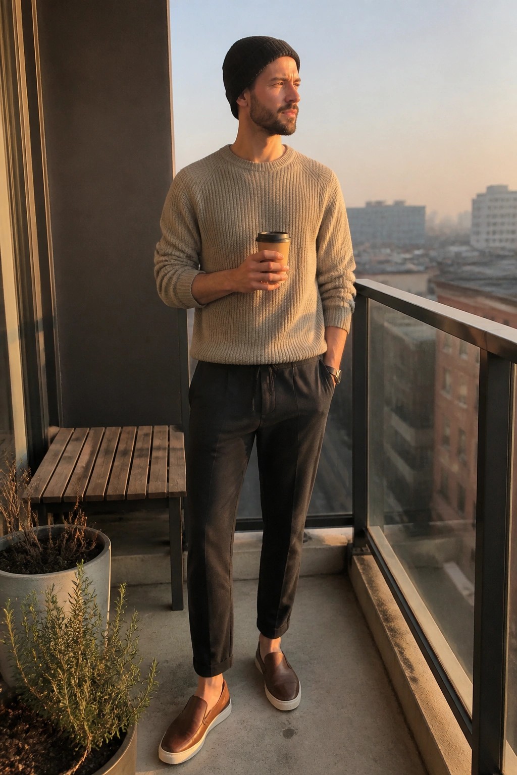 Man in beige sweater and black beanie holding coffee on city balcony at sunset