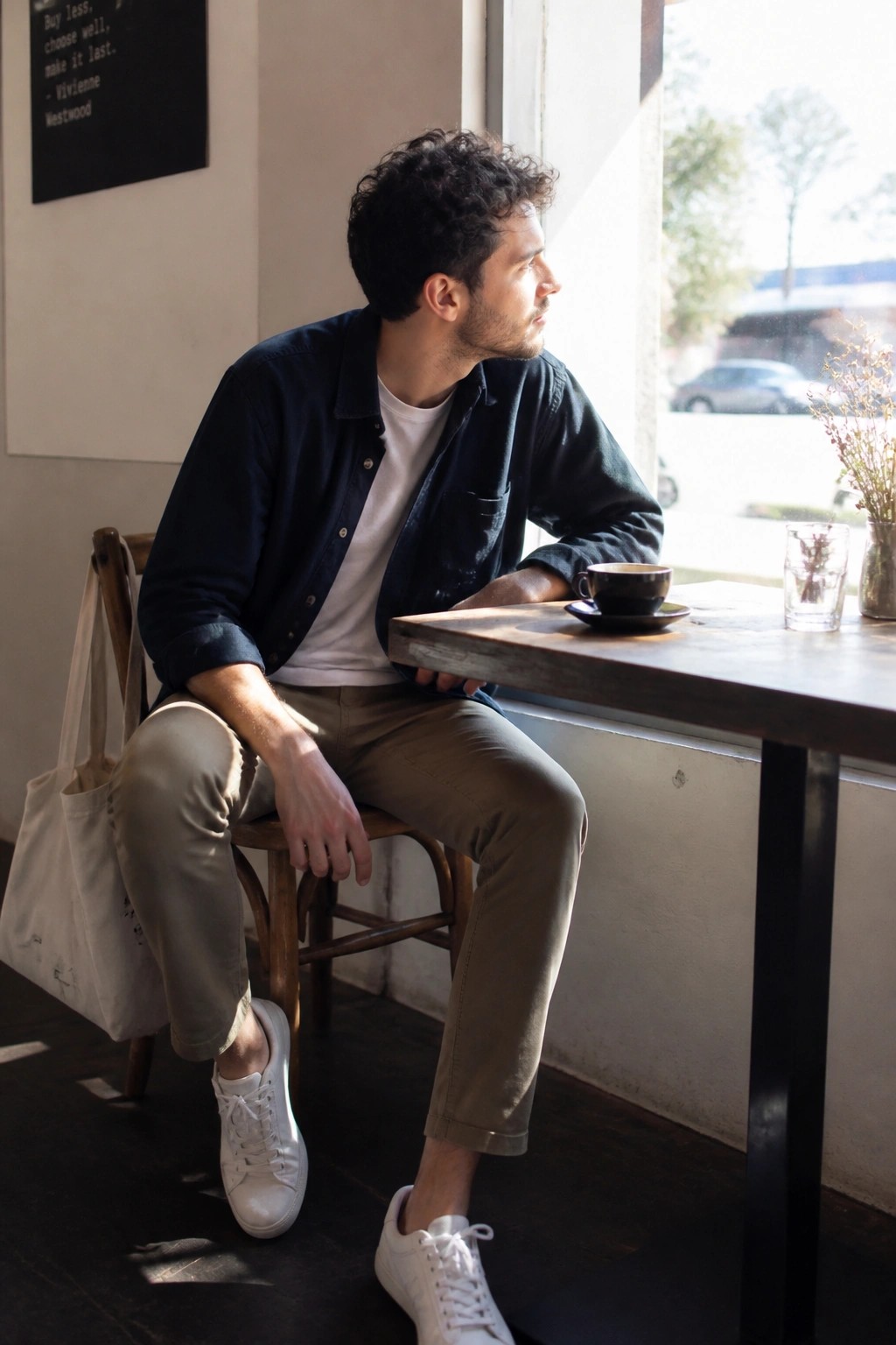 Curly-haired man in navy shirt sits at sunlit cafe window table gazing outside.