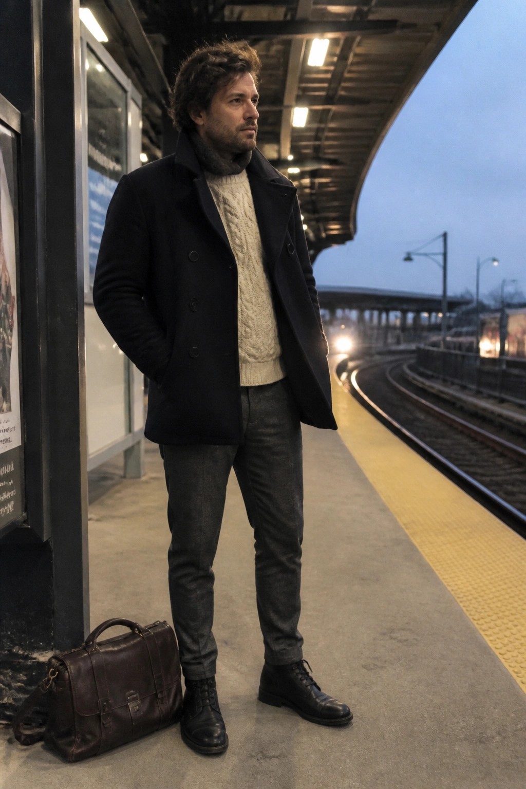 Man in black coat over cream sweater on train platform beside leather bag.