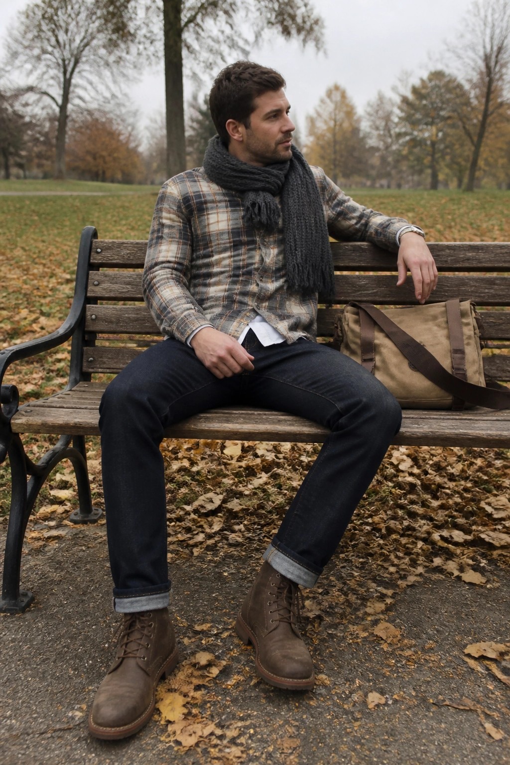 Man in plaid shirt and gray scarf on autumn park bench with bag