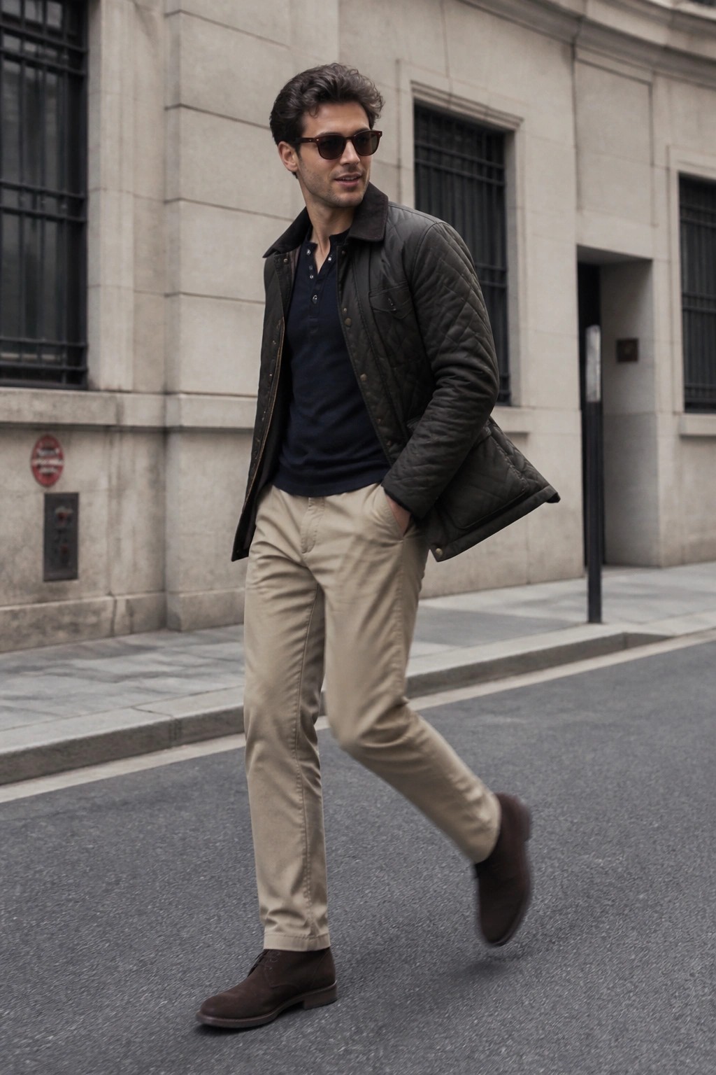 man wearing dark quilted jacket with corduroy collar over navy polo shirt, beige chinos, and brown suede boots while walking on city street