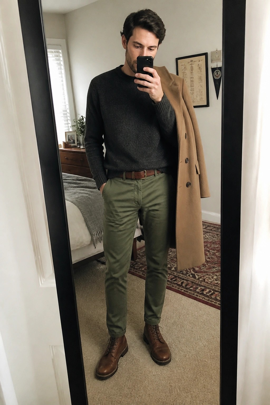 Man in gray sweater and green pants holding tan coat for mirror selfie