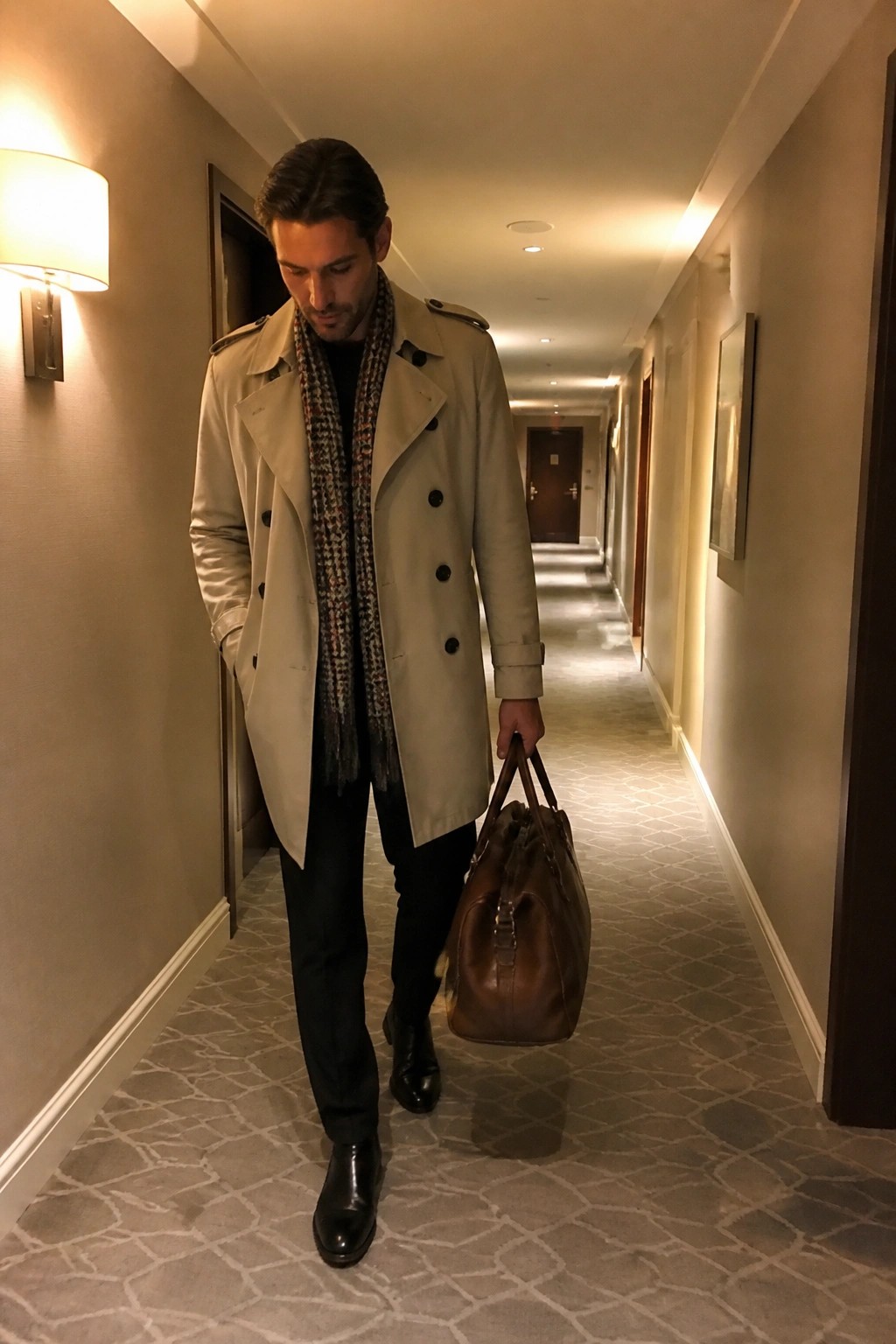 Man wearing a beige trench coat over a black shirt and black pants with a patterned scarf and black boots while carrying a brown leather bag in a hallway.