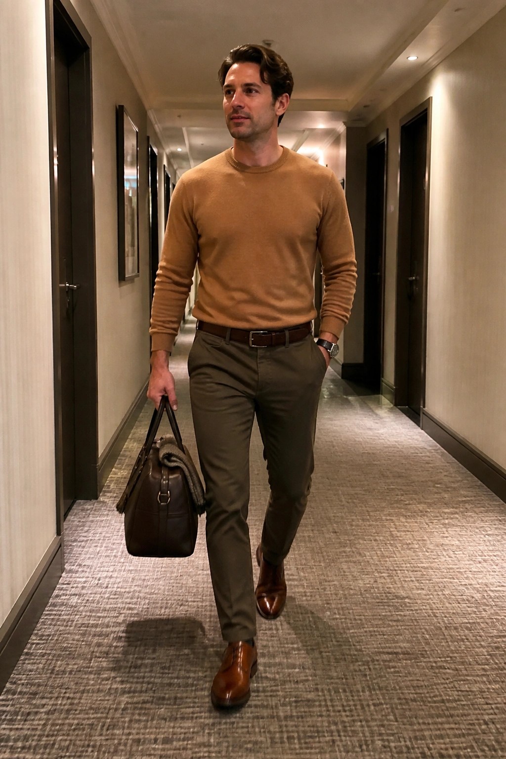 Man in tan sweater and olive pants carries leather bag in hotel hallway