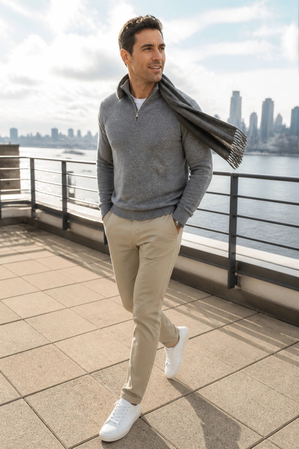 Man in gray quarter-zip sweater and beige pants with scarf on sunny waterfront terrace