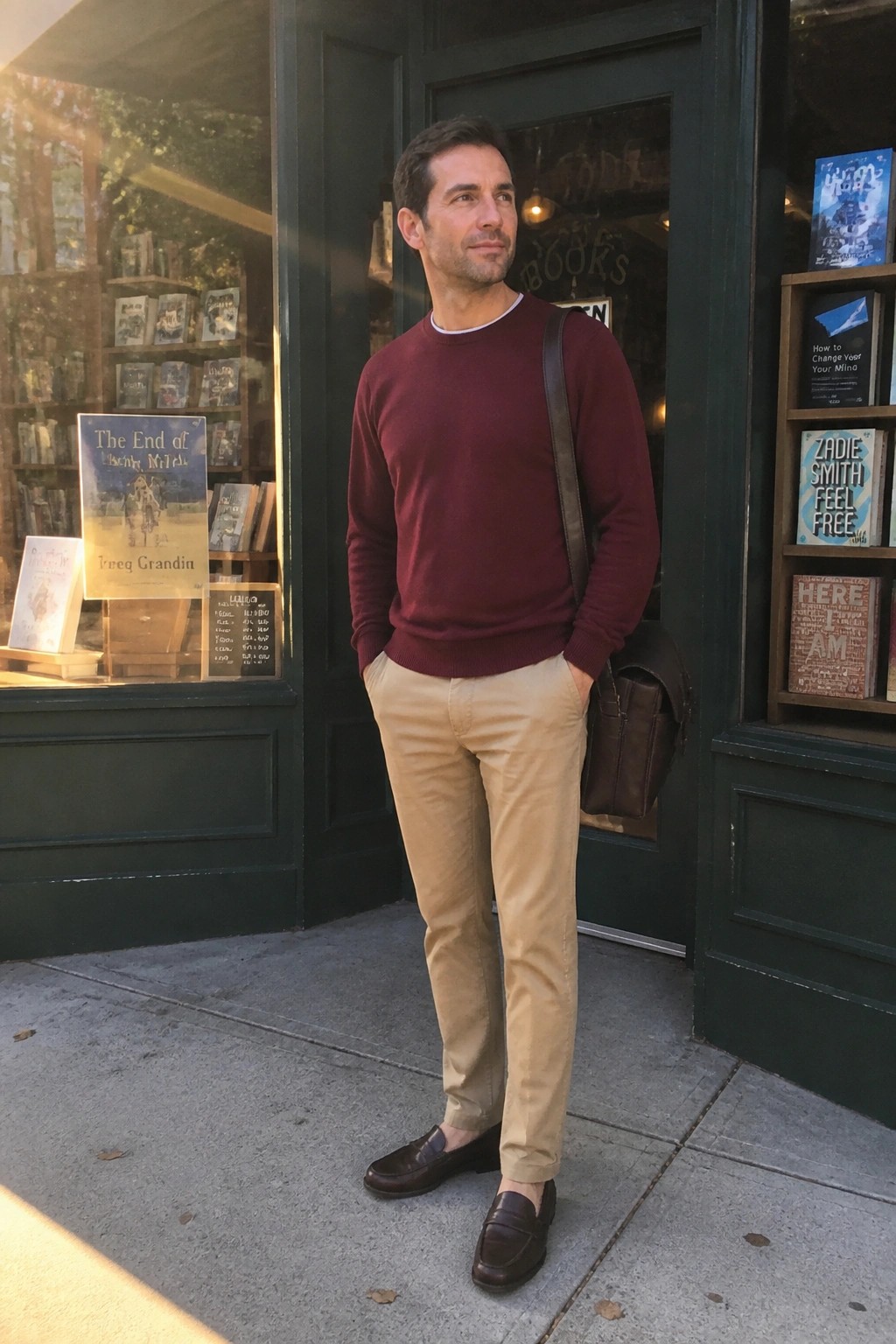 Man in maroon sweater and khaki pants with leather bag outside bookstore