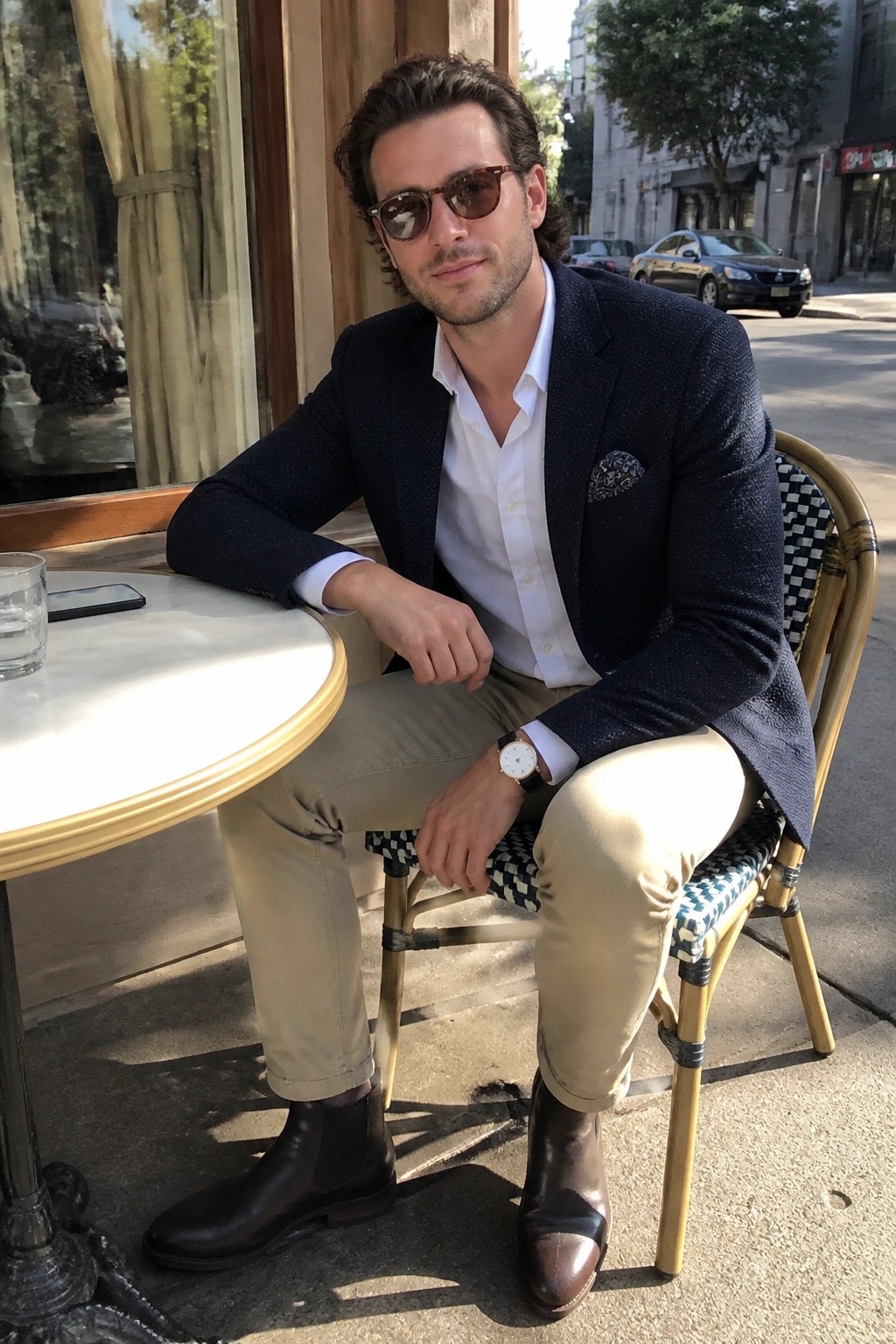 Man in navy blazer, white shirt, and sunglasses seated at outdoor cafe table.