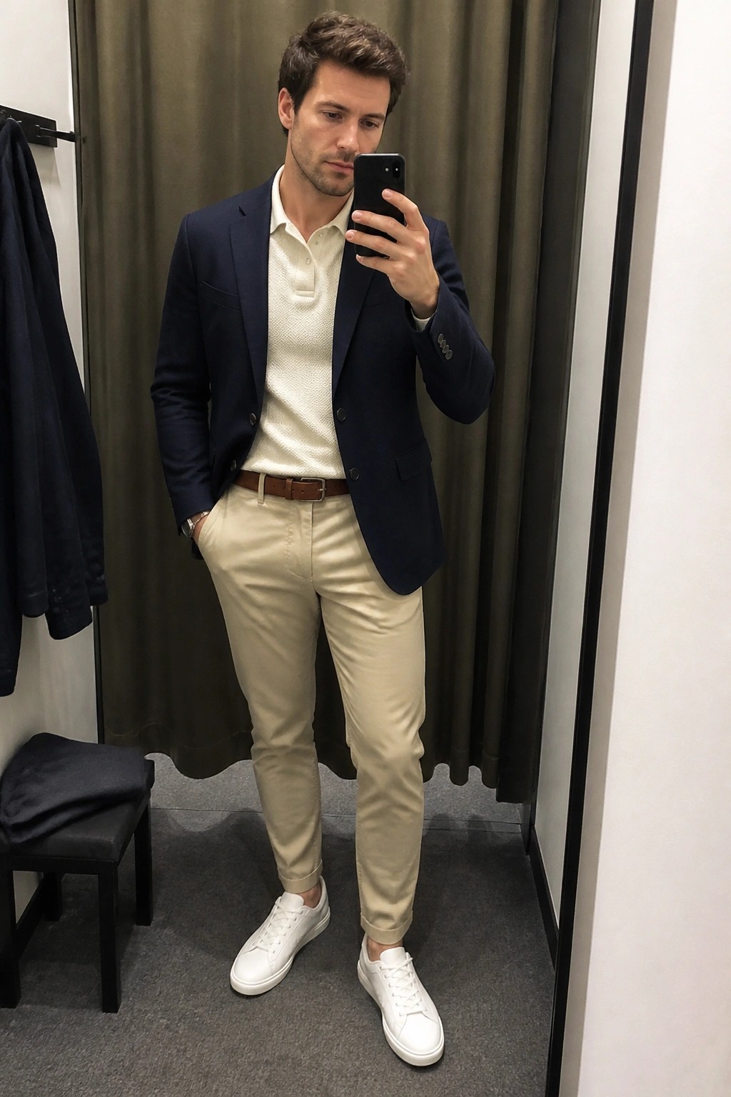 Man taking mirror selfie in navy blazer, white polo, beige pants, and sneakers