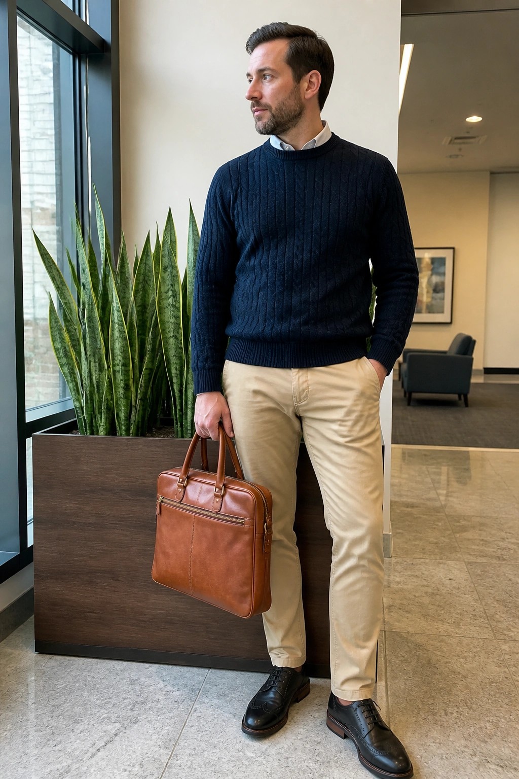 Man in navy cable-knit sweater holding brown leather briefcase in modern lobby
