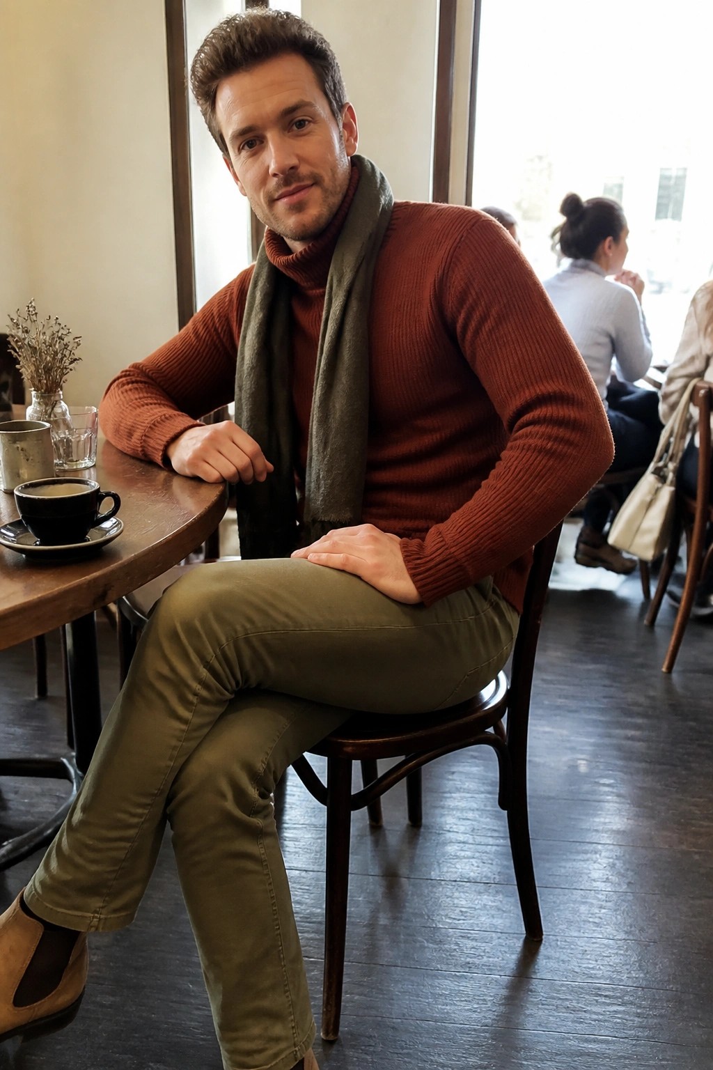 Man in rust turtleneck sweater and green scarf seated at cafe table with coffee.
