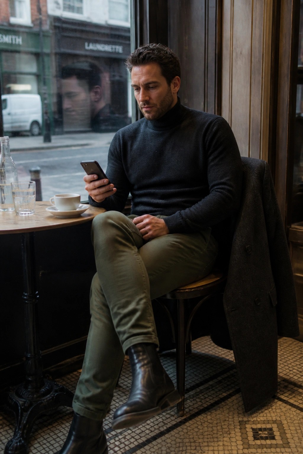 Man in gray turtleneck and green pants checks phone at cafe table by window
