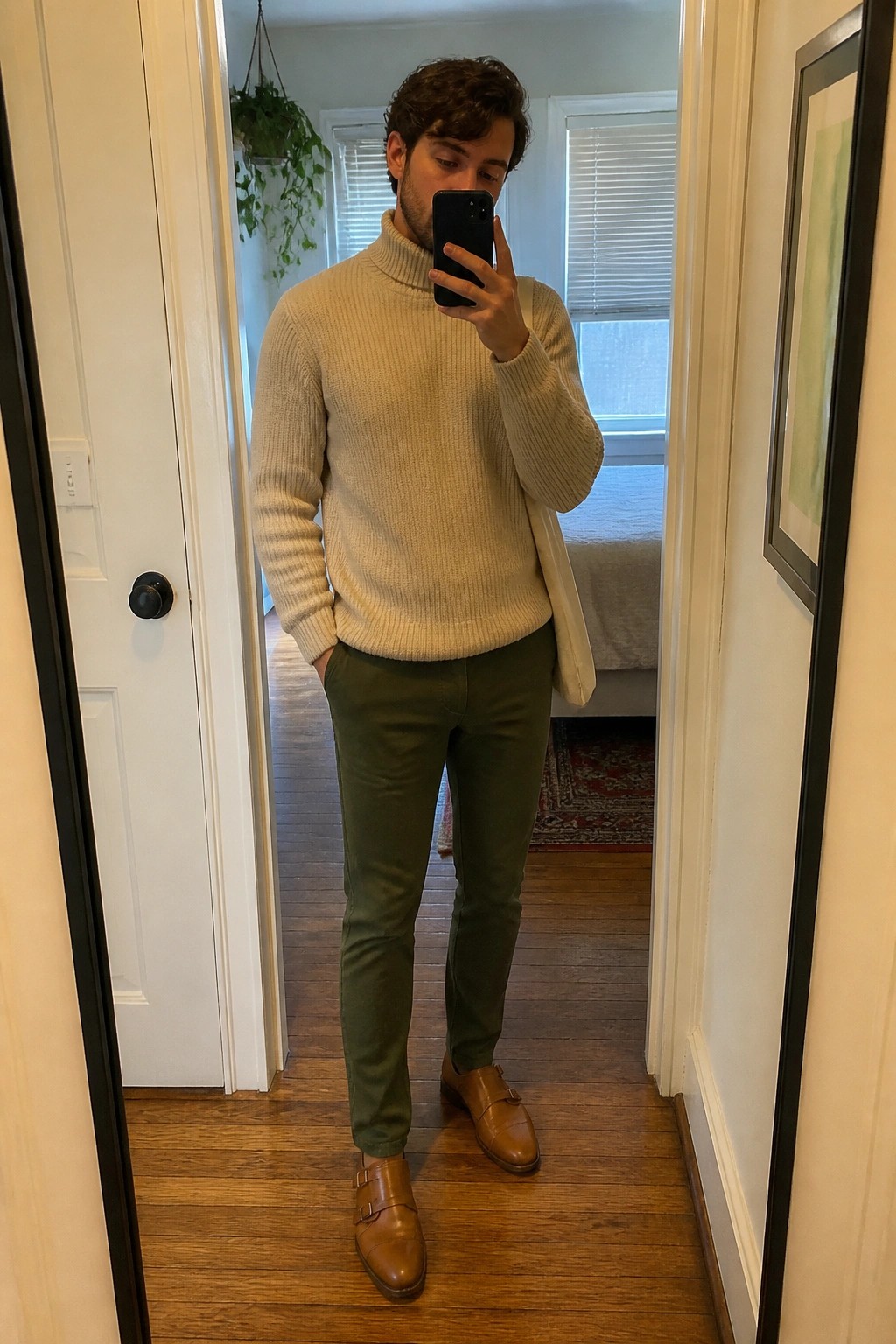 Man in beige turtleneck sweater and green pants taking mirror selfie in doorway