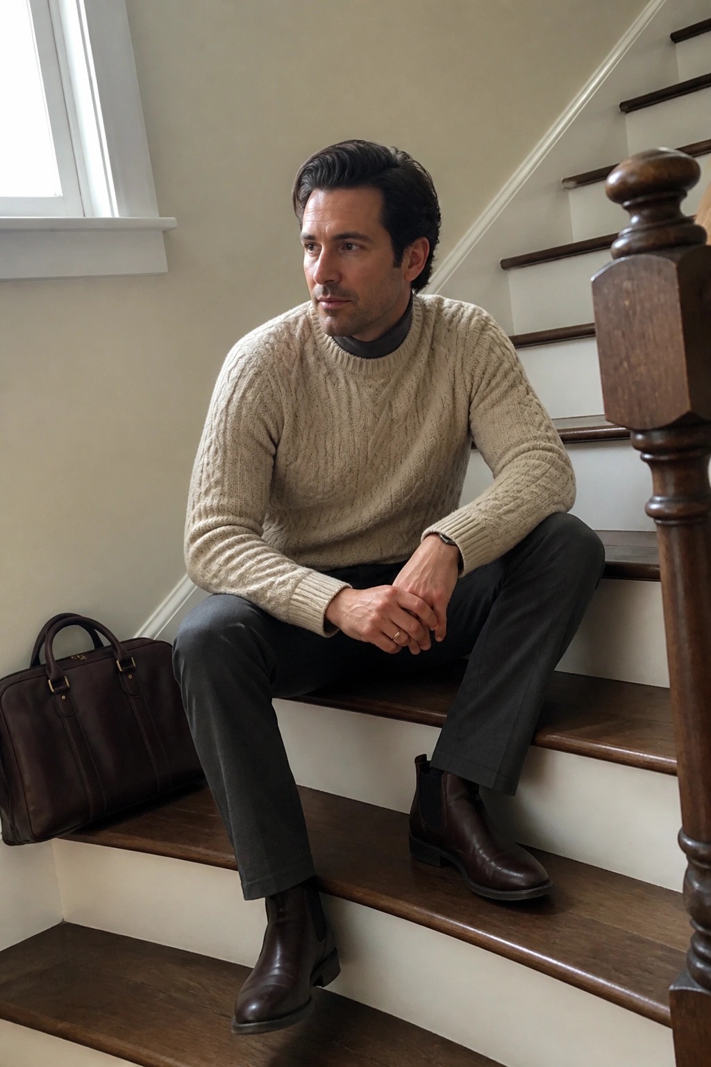 Man in beige cable-knit sweater seated on wooden stairs beside leather briefcase.