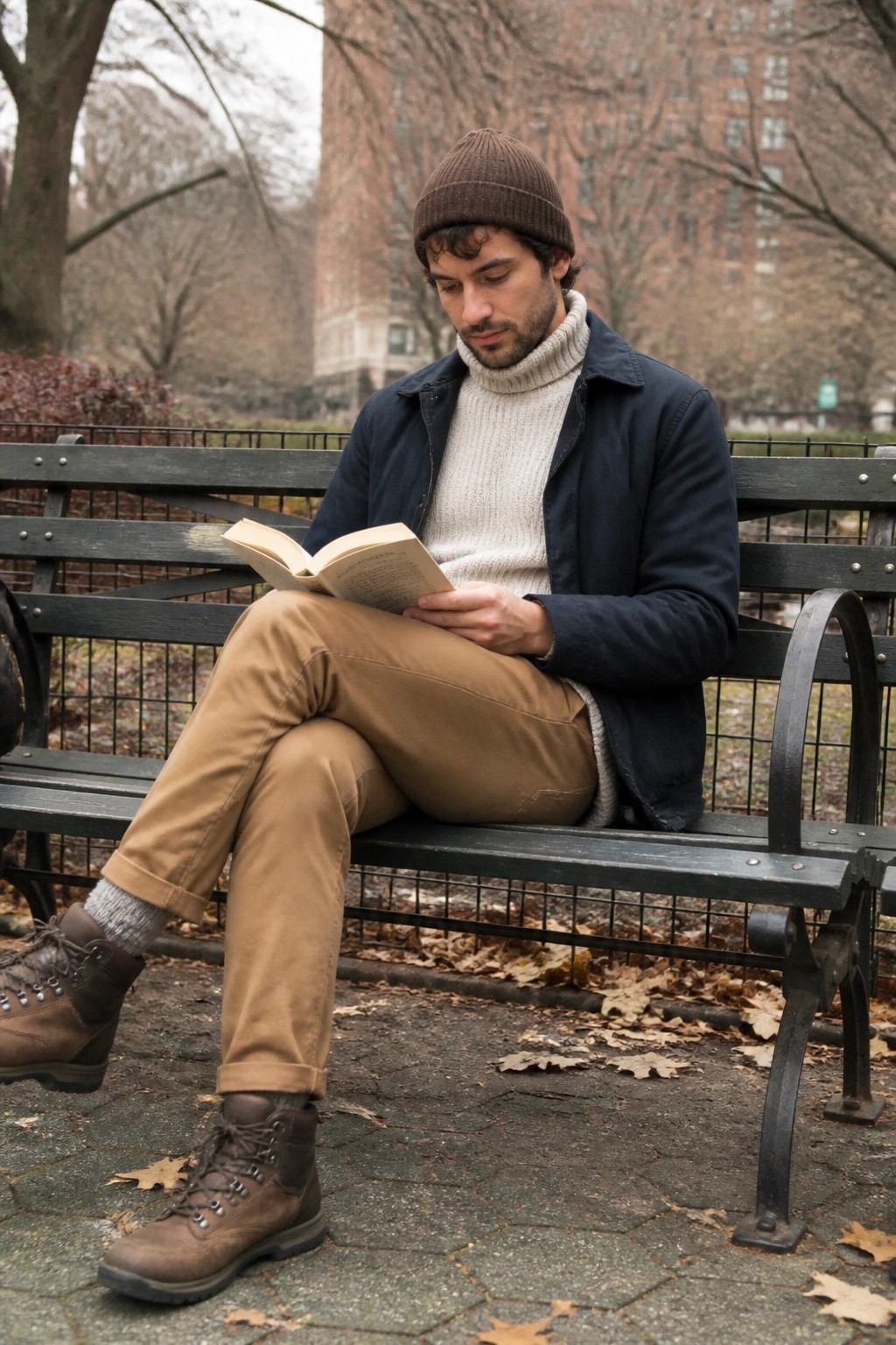 Man in brown beanie and turtleneck reads open book on park bench amid autumn leaves.