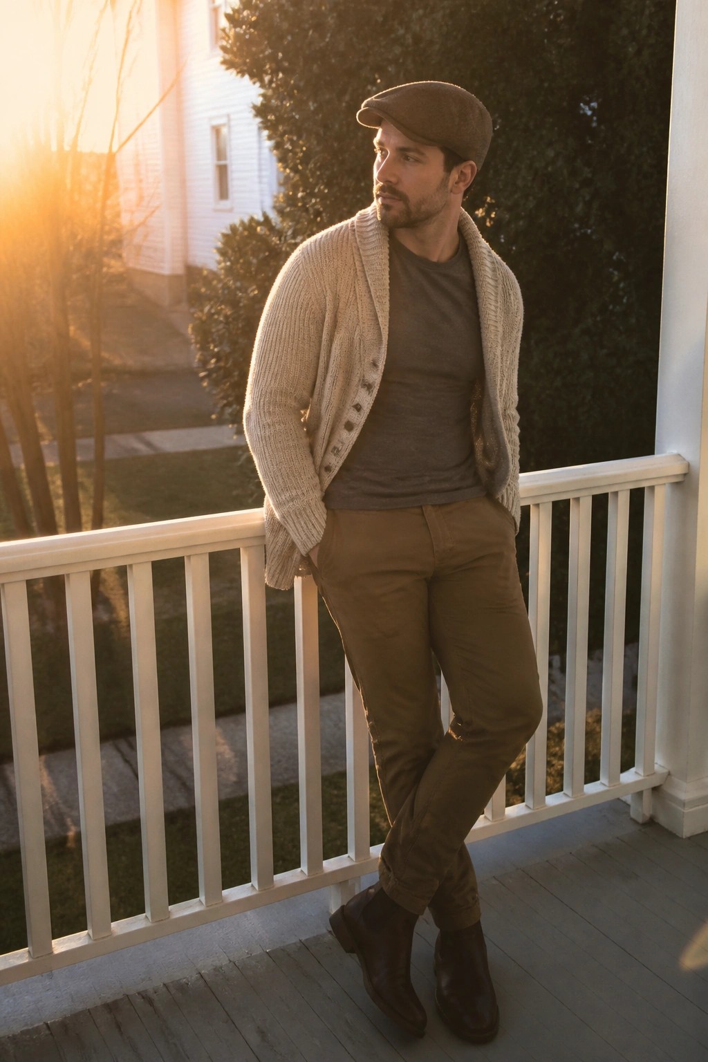 Man in flat cap and beige cardigan leans on white porch railing at sunset.