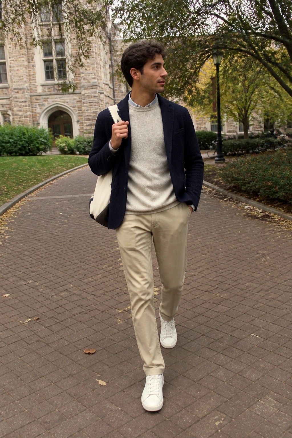 Man wearing navy blazer over cream knit sweater with light blue shirt collar visible, beige chinos, white sneakers, and canvas tote bag on shoulder.