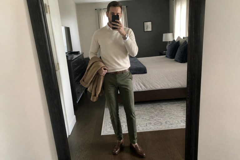 21 Sharp Smart Casual Fall Outfits for Men Built Around Chinos and Layered Knitwear Man in beige sweater and olive pants taking mirror selfie while holding tan coat.