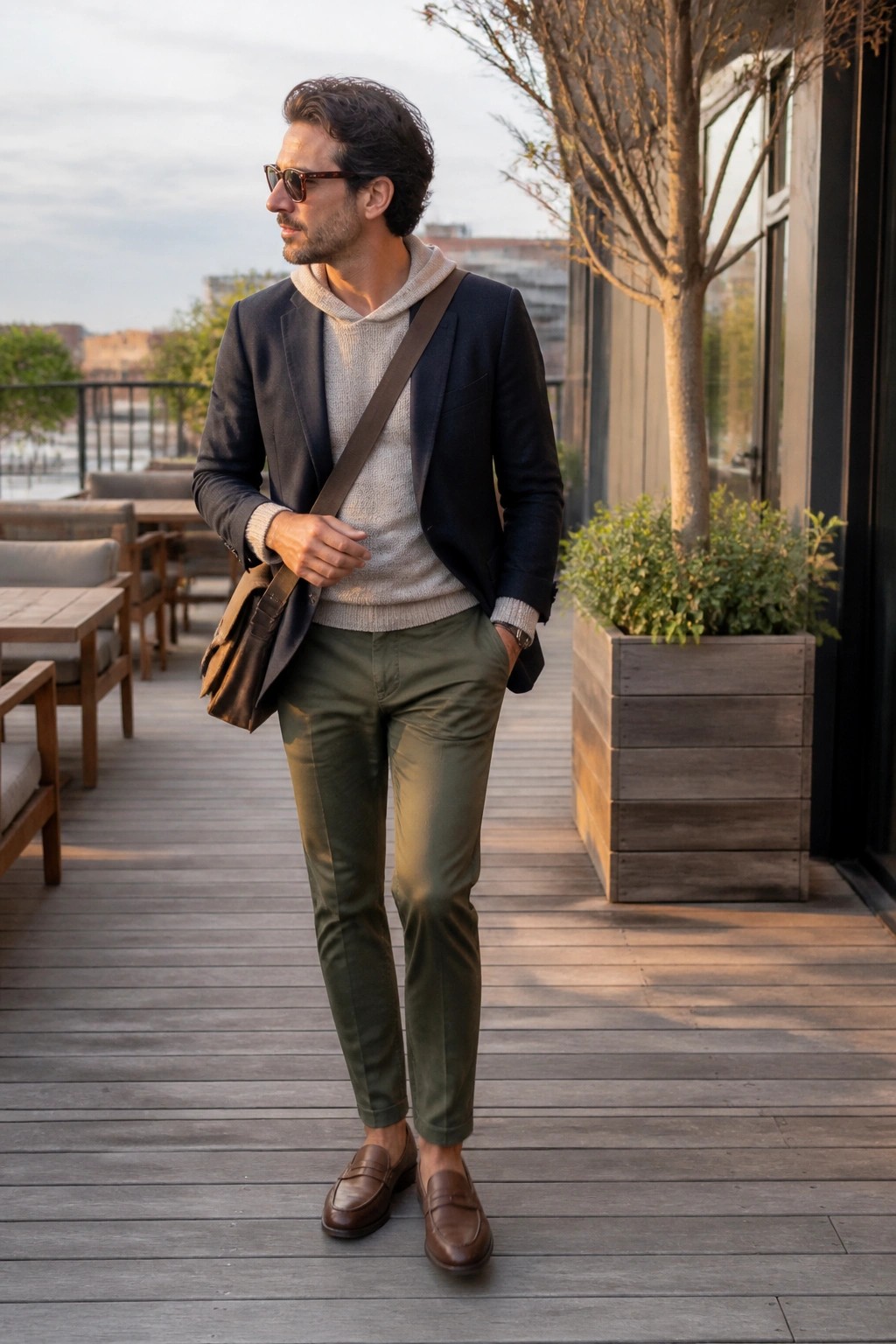 Man in navy blazer over beige hoodie, olive pants, brown loafers on deck.