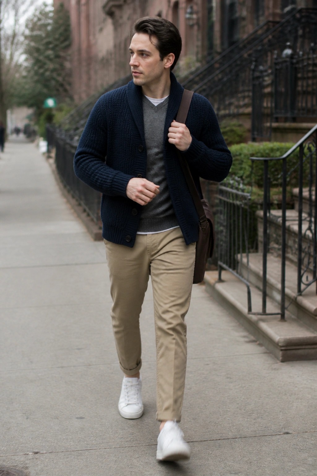 Man in navy cardigan over gray sweater and khaki pants walks city sidewalk with bag