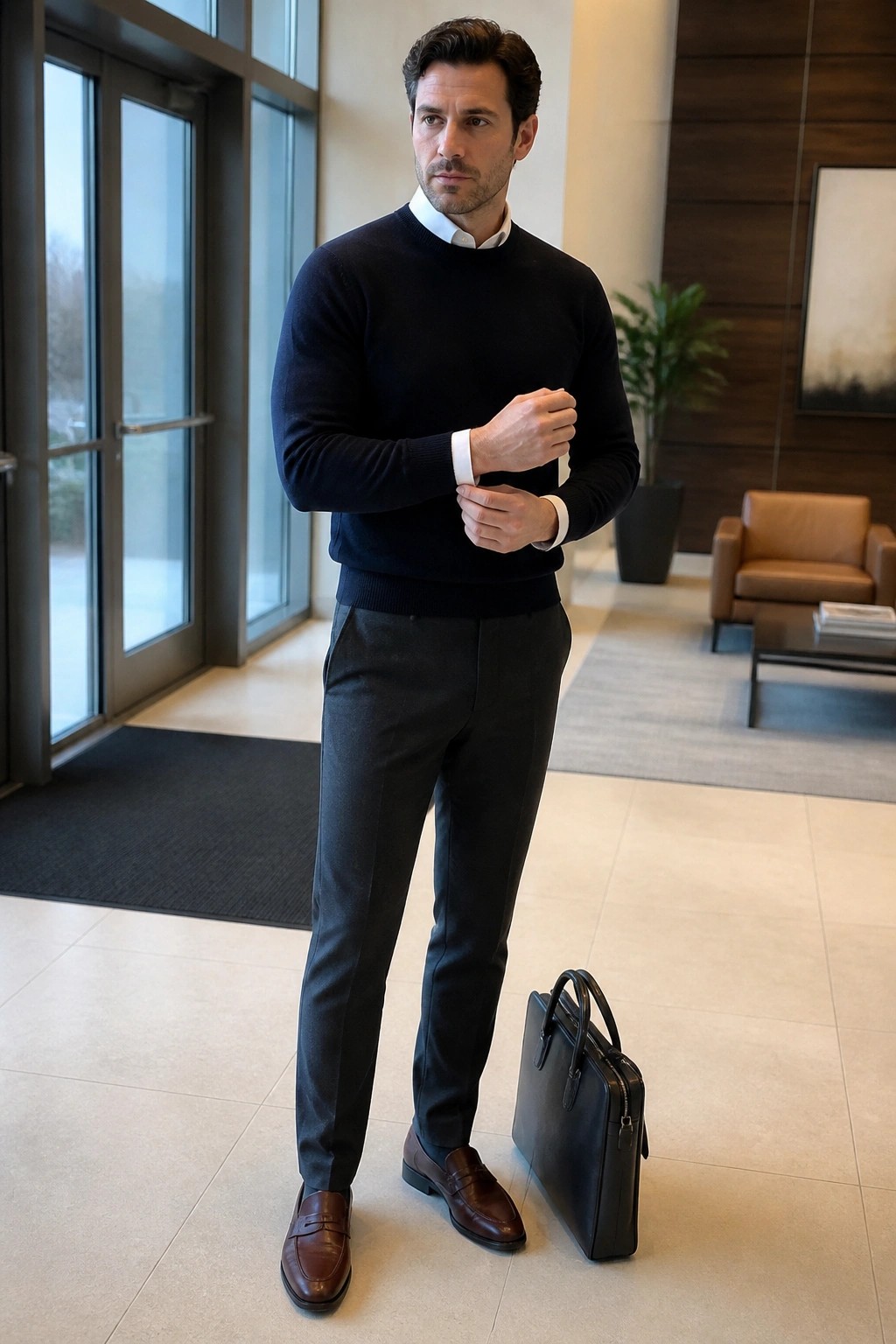 Man in navy sweater and gray pants adjusting cuff beside black briefcase in lobby