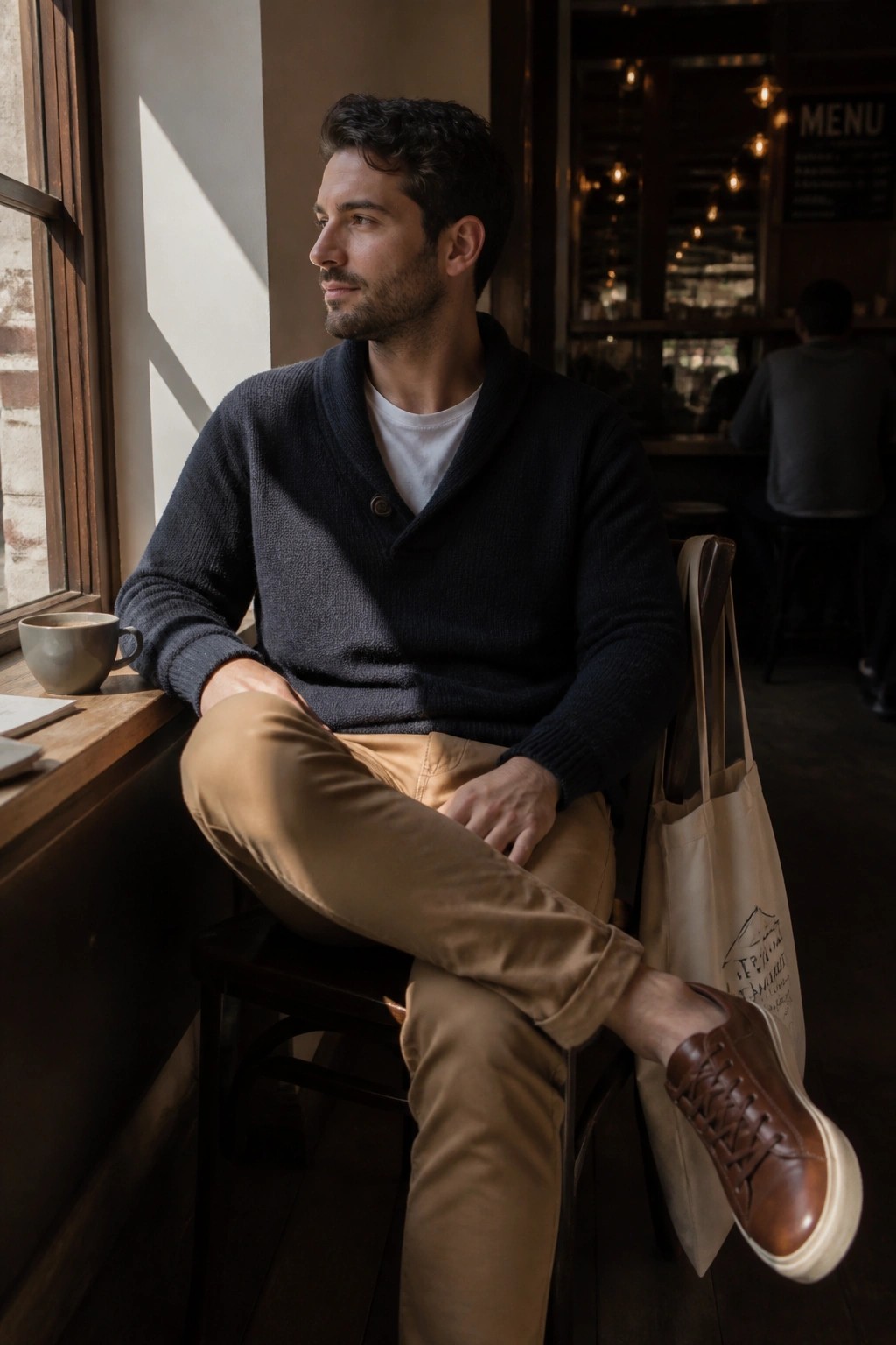 Man in navy sweater and beige pants sits by cafe window with tote bag