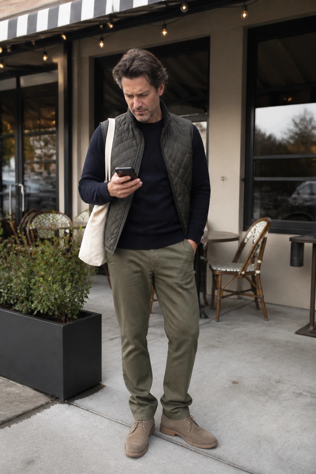 Man in olive quilted vest and blue sweater checks phone with canvas tote bag