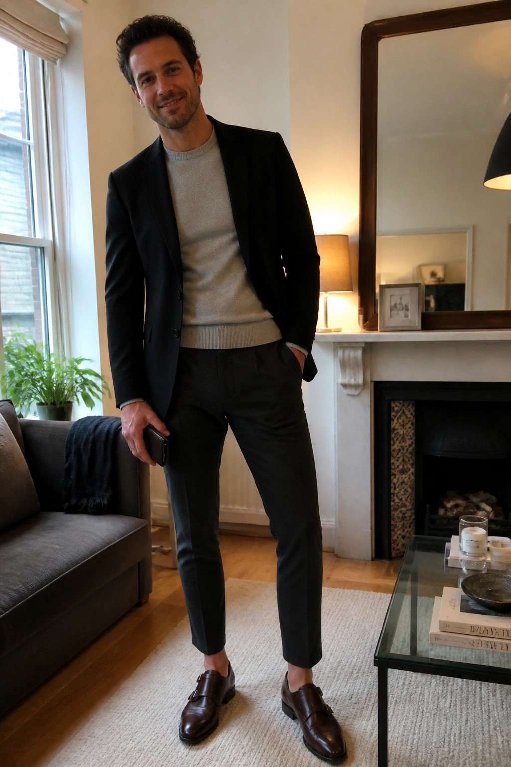 Man in black blazer over gray sweater with brown monk strap shoes in living room