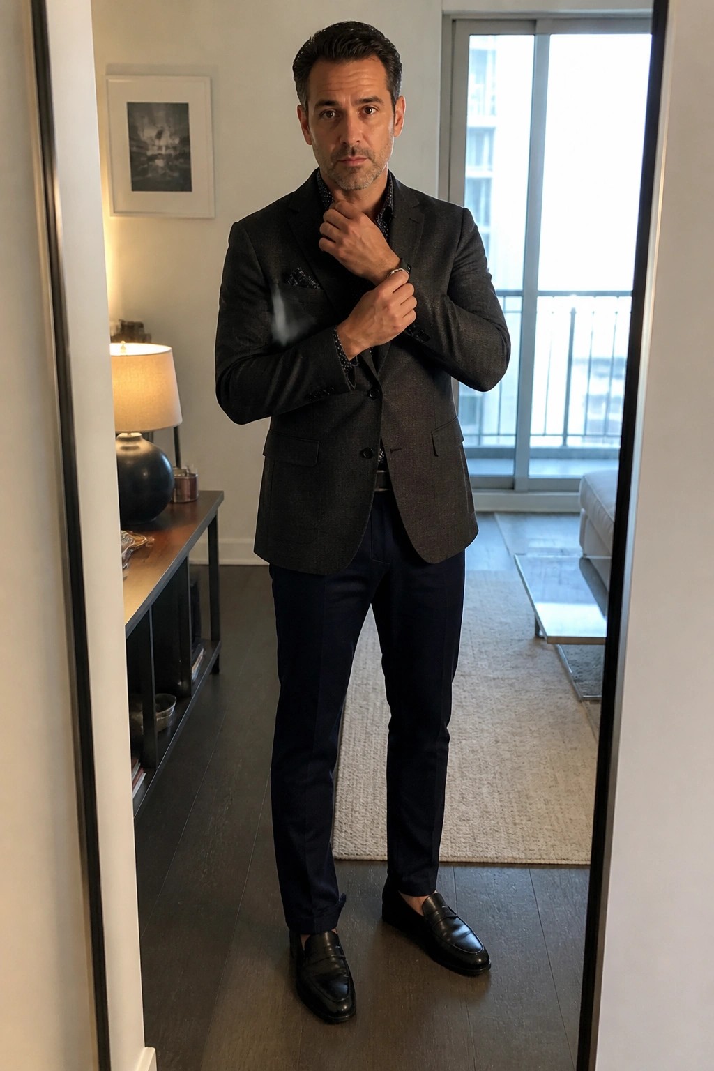 Man in dark gray blazer and navy pants adjusts collar in modern apartment.