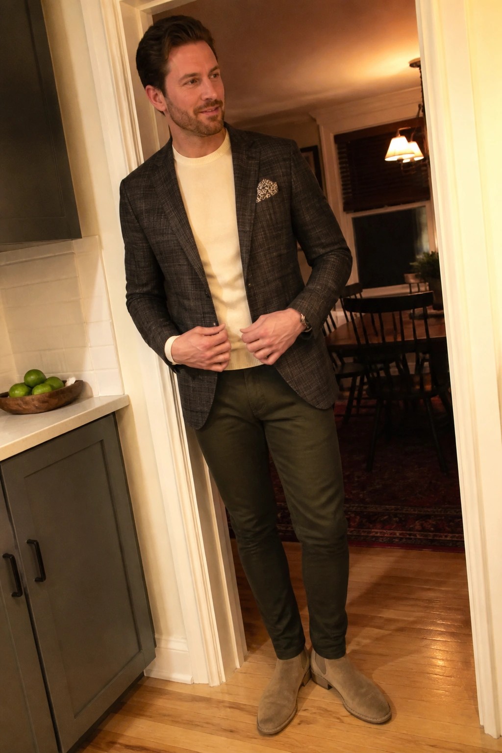 Man in plaid blazer over cream sweater with olive pants and suede boots indoors.